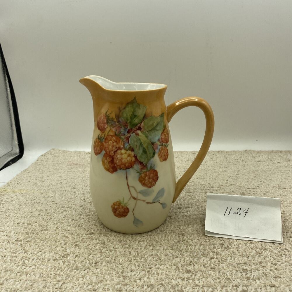 vintage hand painted grapes on vine pastel pitcher 6” Tall Signed By Artist~